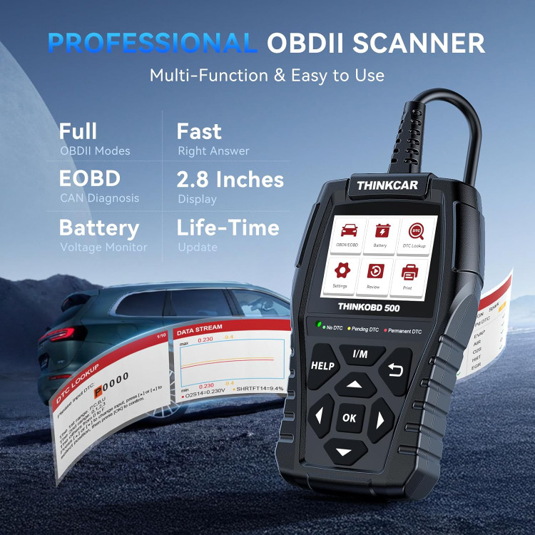 دیاگ اسکنر THINKCAR Thinkobd 500 OBD2، کدخوان خودرو، ابزار اسکن تشخیصی کامل OBD II CAN، خواندن و پاک کردن کدهای خطا، دادههای زنده، گزارش خودرو، صفحه نمایش 2.8 اینچی