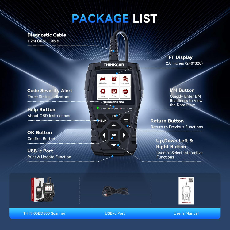 دیاگ اسکنر THINKCAR Thinkobd 500 OBD2، کدخوان خودرو، ابزار اسکن تشخیصی کامل OBD II CAN، خواندن و پاک کردن کدهای خطا، دادههای زنده، گزارش خودرو، صفحه نمایش 2.8 اینچی