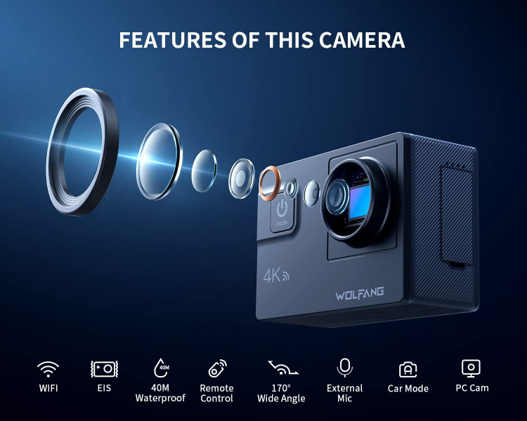 دوربین اکشن کمرا Wolfang GA300 4K60FPS 24MP ضد آب 40M دوربین زیر آب EIS تثبیت دوربین کلاه ایمنی با زاویه دید گسترده با میکروفون خارجی - ارسال فوری
