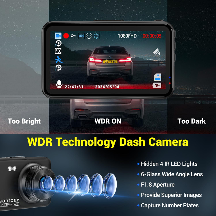 دوربین ثبت وقایع ssontong با کیفیت 1080P FHD، دوربین داشبورد، DVR جلو، دوربین داشبورد با کارت حافظه 64 گیگابایتی، ضبط حلقهای، حسگر G، تشخیص حرکت، حالت پارک