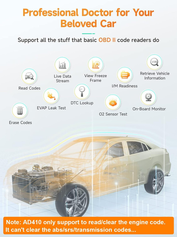 دیاگ OBD2 پیشرفته ANCEL AD410، ابزار تشخیصی خودرو، کدخوان OBD2، ابزار اسکن عیبیاب چراغ چک موتور برای همه خودروهای OBDII بعد از سال ۱۹۹۶ (مشکی/زرد)