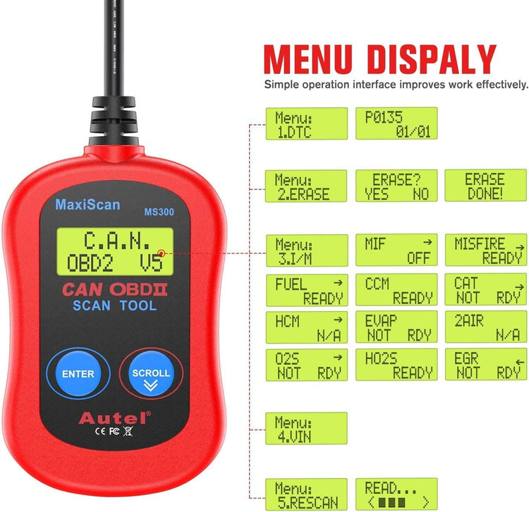 دیاگ Autel MS300 OBD2، خاموش کردن چراغ چک موتور، خواندن و پاک کردن کدهای خطا، بررسی وضعیت مانیتور آلایندگی، ابزار اسکن تشخیصی CAN