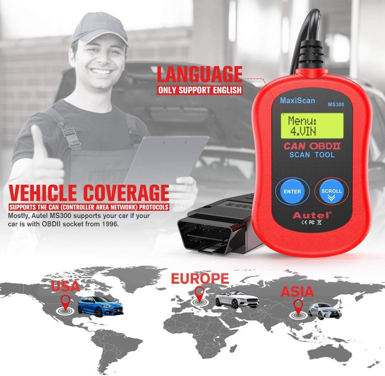 دیاگ Autel MS300 OBD2، خاموش کردن چراغ چک موتور، خواندن و پاک کردن کدهای خطا، بررسی وضعیت مانیتور آلایندگی، ابزار اسکن تشخیصی CAN