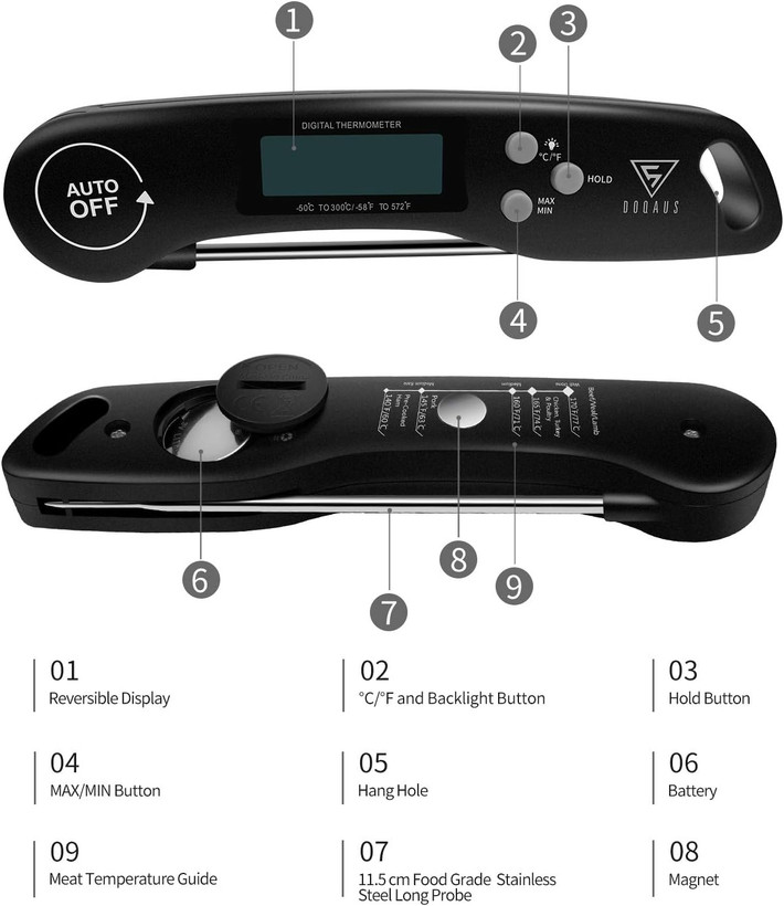 دماسنج گوشت دیجیتال DOQAUS، دماسنج مواد غذایی با قابلیت خواندن فوری با صفحه نمایش LCD نور پس زمینه، پروب بلند تاشو و روشن/خاموش خودکار، مناسب برای آشپزخانه، باربیکیو، ...