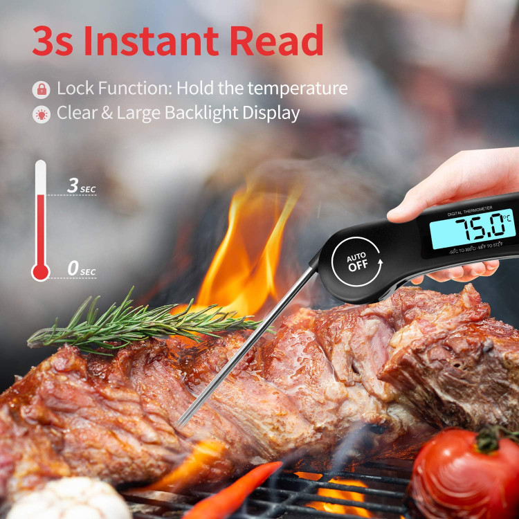دماسنج گوشت دیجیتال DOQAUS، دماسنج مواد غذایی با قابلیت خواندن فوری با صفحه نمایش LCD نور پس زمینه، پروب بلند تاشو و روشن/خاموش خودکار، مناسب برای آشپزخانه، باربیکیو، ...