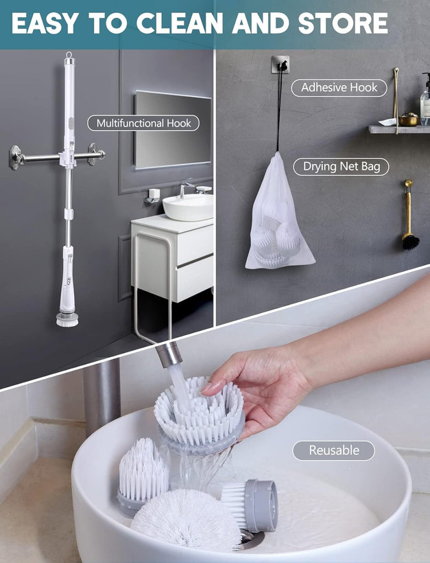 برس تمیزکننده اسکرابر چرخشی برقی، اسکرابر دوش با دسته بلند، اسکرابر کاشی وان با ۴ سر برس قابل تعویض، اسکرابر حمام با زمان کارکرد ۹۰ دقیقه، اسکرابر برقی بیسیم ۳۲۰/۴۲۰ دور در دقیقه