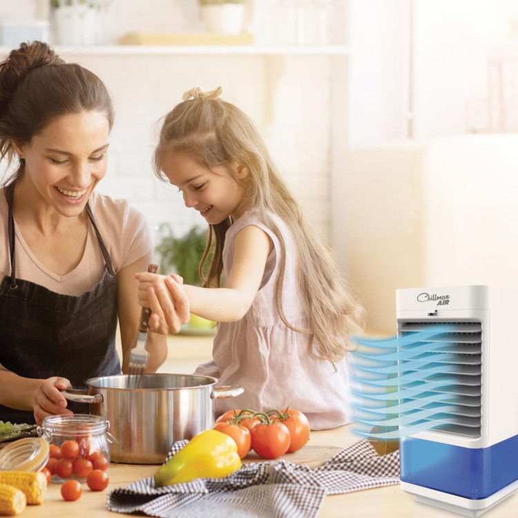 کولر تبخیری ، Chillmax - قابل حمل با محفظه یخ و اسپری مه (چرخش) - بی صدا، سبک، کوچک، فن و رطوبت ساز