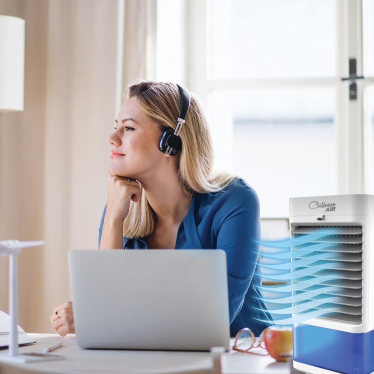 کولر تبخیری ، Chillmax - قابل حمل با محفظه یخ و اسپری مه (چرخش) - بی صدا، سبک، کوچک، فن و رطوبت ساز