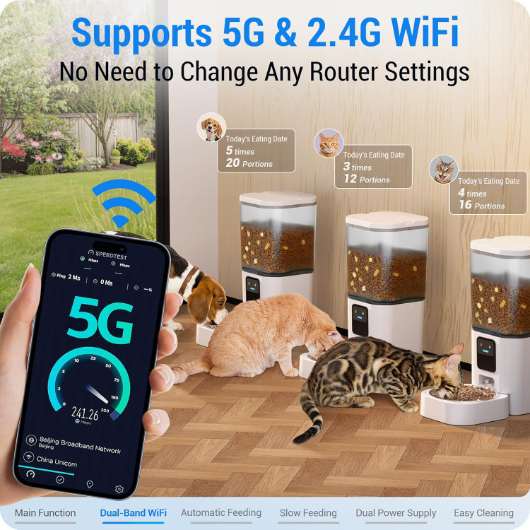 ظرف غذای بی صدا و اتوماتیک سگ و گربه با وایفای و کنترل از طریق اپلیکیشن 7 لیتری و ظرف استیل (خط و خش باربری)