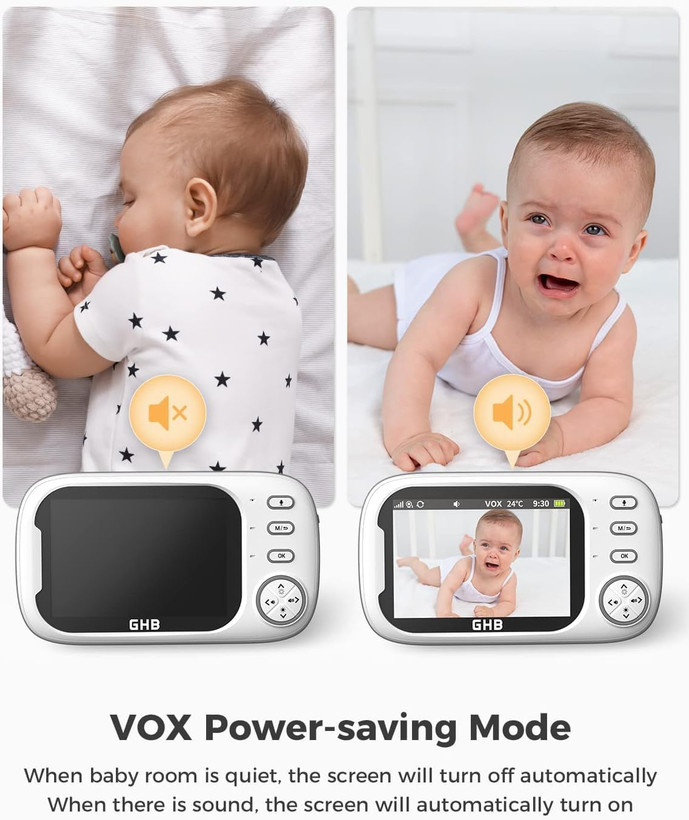 مانیتور کودک GHB با دوربین و دید در شب، مانیتور ویدیویی ۳.۵ اینچی، حالت VOX، مکالمه دو طرفه، ۸ لالایی، هشدار دما، یادآوری تغذیه