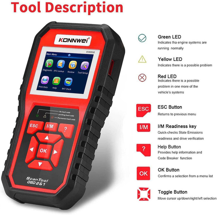 دیاگ-اسکنر کد خودرو KW850 OBDII، ابزار اسکن چراغ موتور و بررسی دماغه برای خودروهای OBDII بعد از سال 1996