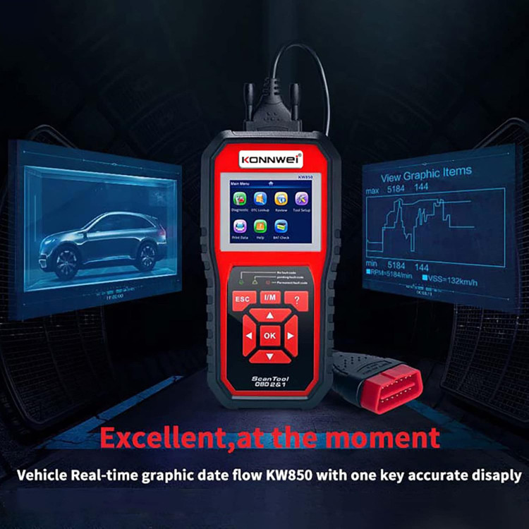 دیاگ-اسکنر کد خودرو KW850 OBDII، ابزار اسکن چراغ موتور و بررسی دماغه برای خودروهای OBDII بعد از سال 1996