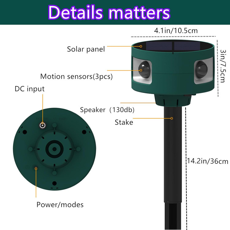 دافع حیوانات،دورکننده حیوانات- دزدگیر سنسور حرکت خورشیدی HULPPRE برای محیط داخلی و خارجی، اولتراسونیک، تشخیص حرکت ۳۶۰ درجه، نویز ساز ۱۳۰ دسیبل، ۴ حالته، قابل نصب روی زمین یا حصار، چراغ چشمکزن قرمز فعال شونده با حرکت، خداحافظی با مزاحمان