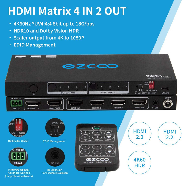 اسپلیتر فوق العاده HDMI 4K برند ezcoo HDMI Matrix 4x2 4K