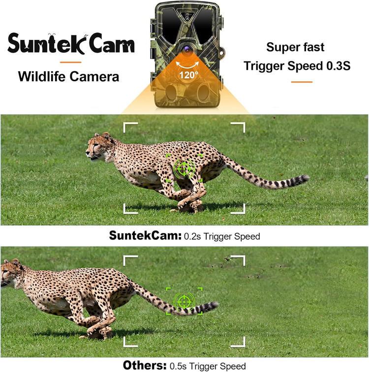 دوربین شکار SUNTEKCAM مخصوص حیات وحش 36 مگاپیکسل 2.7K با کارت حافظه 16 گیگابایتی SD، تله فوتو برای دید در شب مادون قرمز با IR LED 940nm، تایمر و ضد آب IP66-HC-812A س1