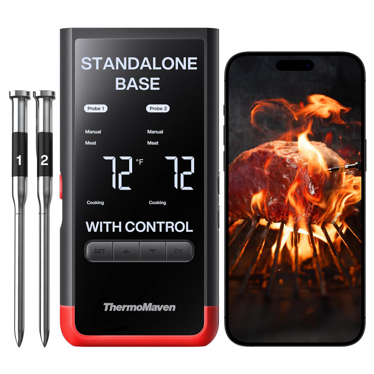 دماسنج گوشت بیسیم بلوتوثی هوشمند ThermoMaven: پایه مستقل، برد نامحدود وایفای، ۶ حسگر با دقت تایید شده توسط NIST، ۲ پروب برای آشپزخانه، باربیکیو، گریل، فر، دودیکن، جوجهگردان ن0