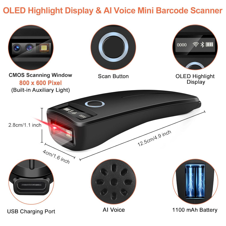 اسکنر بارکد بلوتوث مینی KUIIIYER، اسکنر بارکد بیسیم 2D QR 1D با نمایشگر دیجیتال OLED و صدای هوش مصنوعی، بارکدخوان دستی کوچک قابل حمل برای آیفون، اندروید، آیپد، کامپیوترهای شخصی و دستگاههای POS ن0