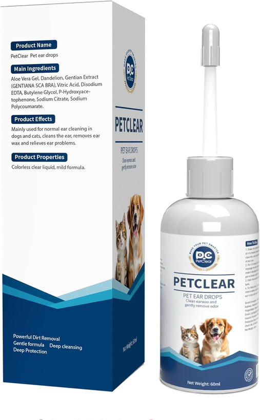 محلول گوش پاک کن Petclear مخصوص سگ و گربه، با اپلیکاتور خم شونده، بدون ایجاد سوزش، محلول پاک کننده گوش سگ برای از بین بردن بوی بد گوش، آلودگی و جرم، 60 میلی لیتر ن0