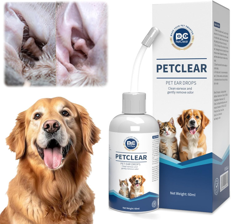 محلول گوش پاک کن Petclear مخصوص سگ و گربه، با اپلیکاتور خم شونده، بدون ایجاد سوزش، محلول پاک کننده گوش سگ برای از بین بردن بوی بد گوش، آلودگی و جرم، 60 میلی لیتر ن0