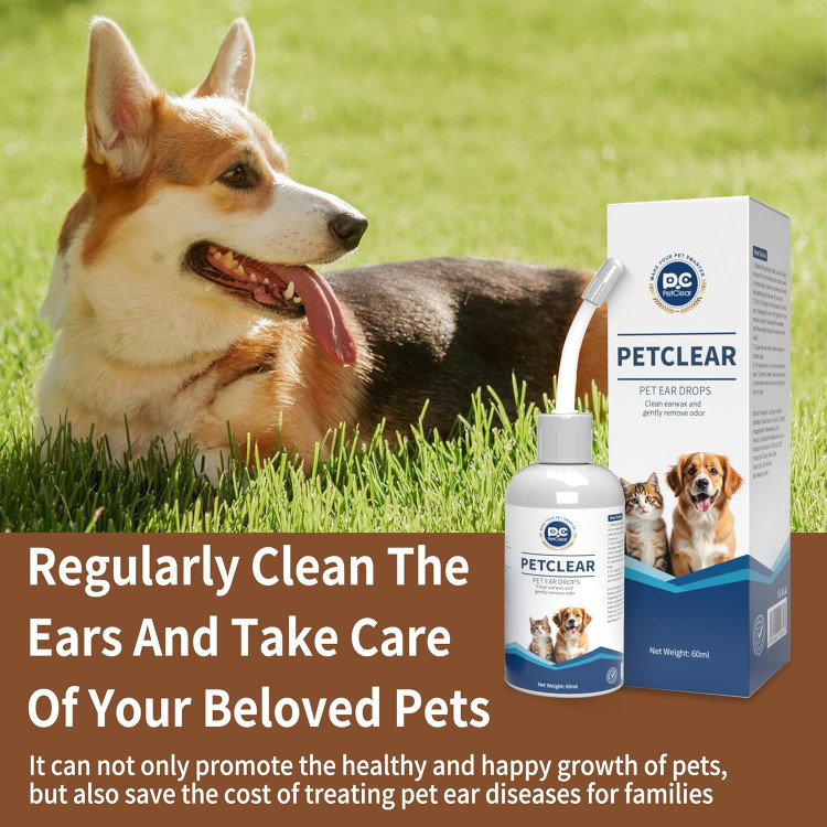 محلول گوش پاک کن Petclear مخصوص سگ و گربه، با اپلیکاتور خم شونده، بدون ایجاد سوزش، محلول پاک کننده گوش سگ برای از بین بردن بوی بد گوش، آلودگی و جرم، 60 میلی لیتر ن0