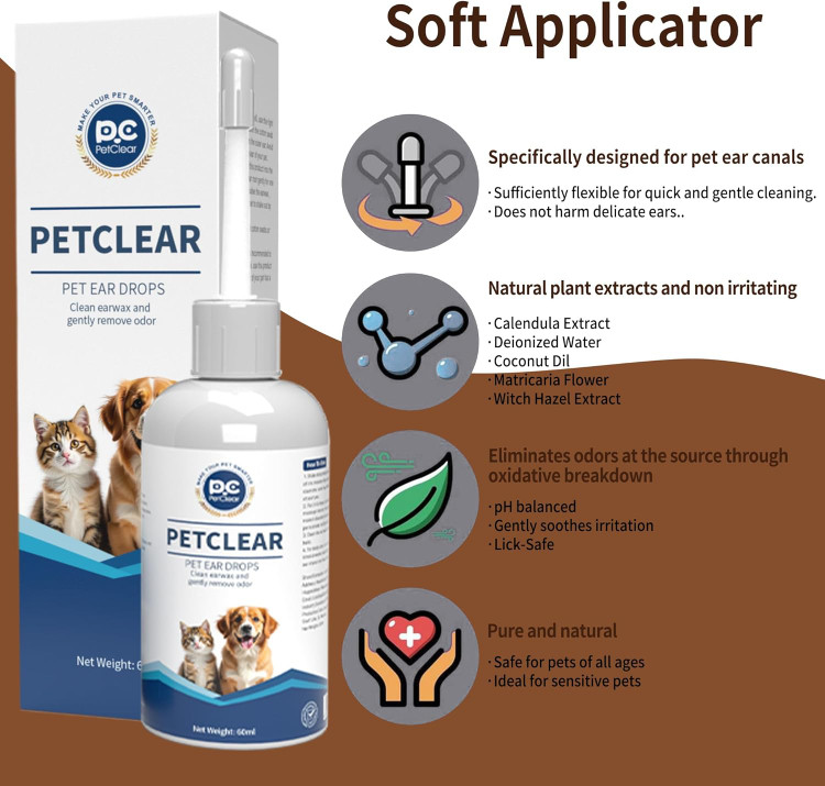 محلول گوش پاک کن Petclear مخصوص سگ و گربه، با اپلیکاتور خم شونده، بدون ایجاد سوزش، محلول پاک کننده گوش سگ برای از بین بردن بوی بد گوش، آلودگی و جرم، 60 میلی لیتر ن0