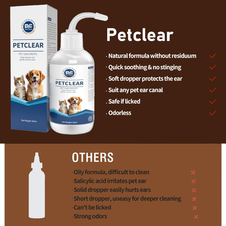محلول گوش پاک کن Petclear مخصوص سگ و گربه، با اپلیکاتور خم شونده، بدون ایجاد سوزش، محلول پاک کننده گوش سگ برای از بین بردن بوی بد گوش، آلودگی و جرم، 60 میلی لیتر ن0