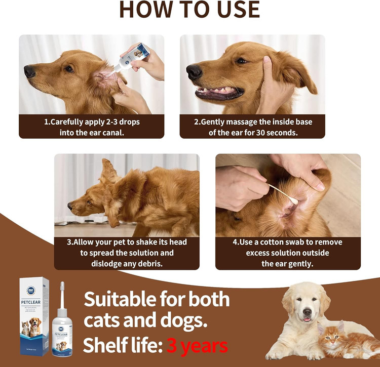 محلول گوش پاک کن Petclear مخصوص سگ و گربه، با اپلیکاتور خم شونده، بدون ایجاد سوزش، محلول پاک کننده گوش سگ برای از بین بردن بوی بد گوش، آلودگی و جرم، 60 میلی لیتر ن0