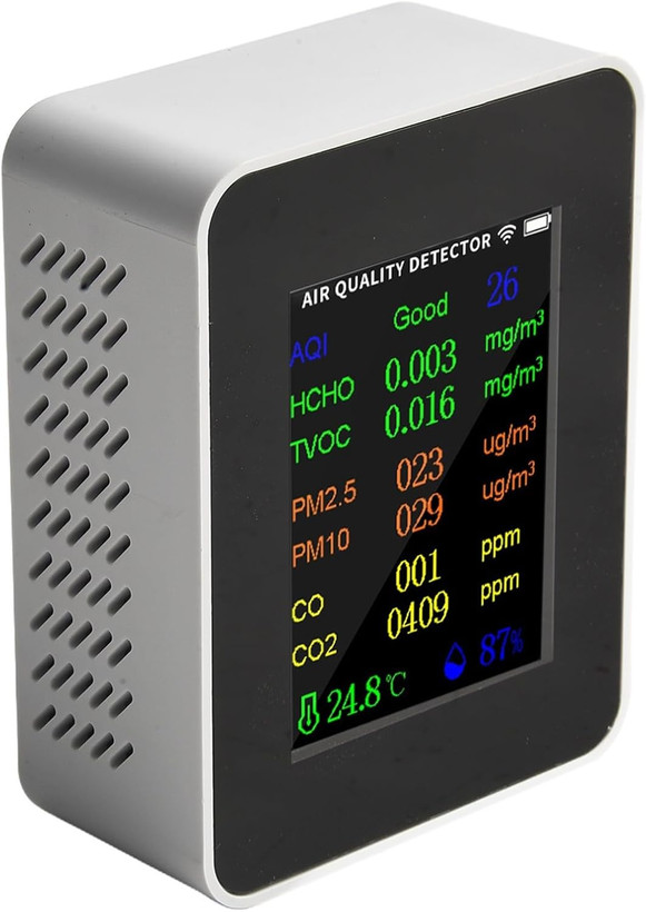 دستگاه سنجش کیفیت هوا 9 کاره، قابلیت اندازهگیری PM2.5، PM10، CO، TVOC، HCHO، AQI، تستر دما و رطوبت، آشکارساز دی اکسید کربن ن0