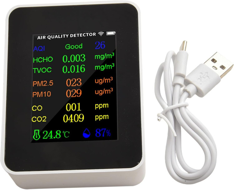 دستگاه سنجش کیفیت هوا 9 کاره، قابلیت اندازهگیری PM2.5، PM10، CO، TVOC، HCHO، AQI، تستر دما و رطوبت، آشکارساز دی اکسید کربن ن0