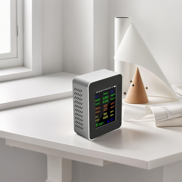 دستگاه سنجش کیفیت هوا 9 کاره، قابلیت اندازهگیری PM2.5، PM10، CO، TVOC، HCHO، AQI، تستر دما و رطوبت، آشکارساز دی اکسید کربن ن0