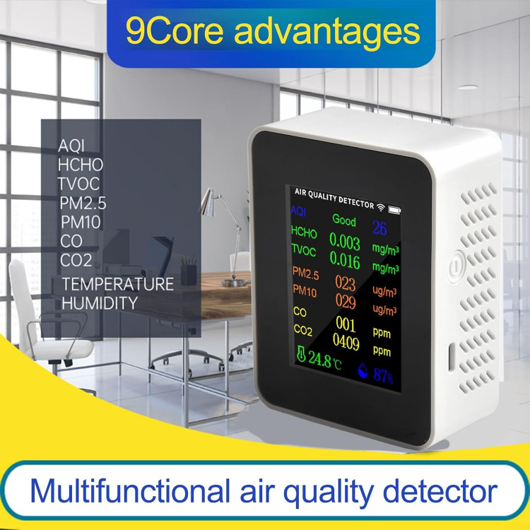 دستگاه سنجش کیفیت هوا 9 کاره، قابلیت اندازهگیری PM2.5، PM10، CO، TVOC، HCHO، AQI، تستر دما و رطوبت، آشکارساز دی اکسید کربن ن0
