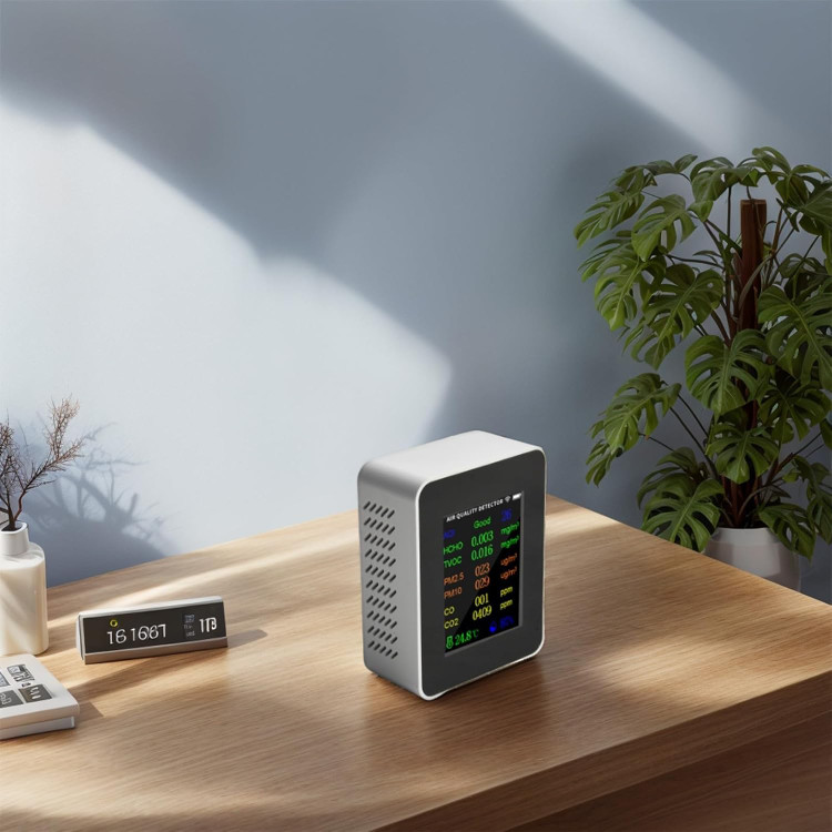 دستگاه سنجش کیفیت هوا 9 کاره، قابلیت اندازهگیری PM2.5، PM10، CO، TVOC، HCHO، AQI، تستر دما و رطوبت، آشکارساز دی اکسید کربن ن0