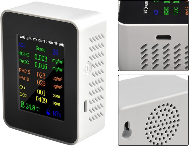 دستگاه سنجش کیفیت هوا 9 کاره، قابلیت اندازهگیری PM2.5، PM10، CO، TVOC، HCHO، AQI، تستر دما و رطوبت، آشکارساز دی اکسید کربن ن0