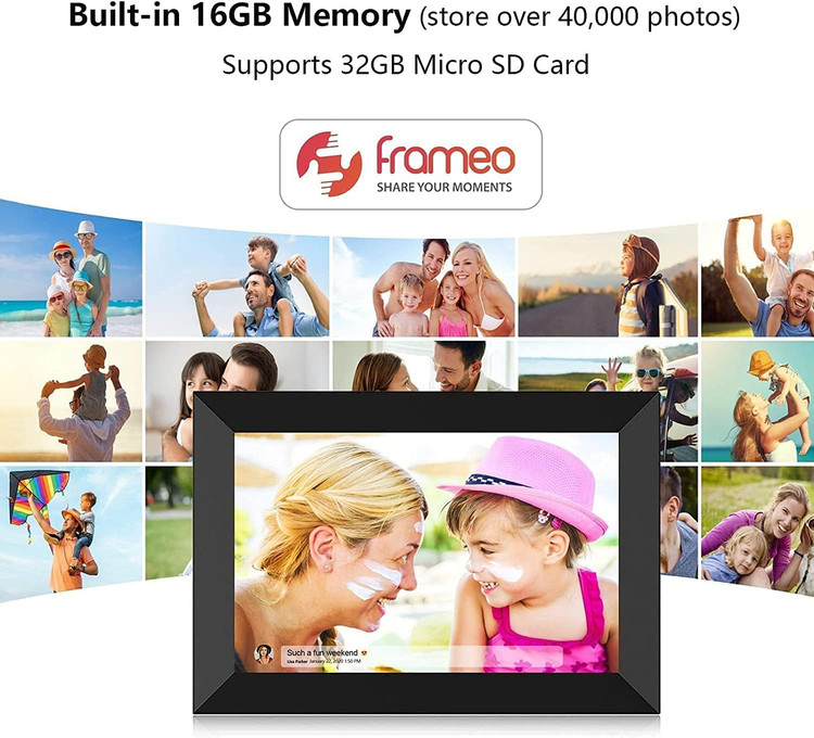 قاب عکس دیجیتال FRAMEO، وایفای ۱۰.۱ اینچ، صفحه نمایش لمسی HD IPS LCD، حافظه ۳۲ گیگابایت، چرخش خودکار، قابل نصب روی دیوار، راهاندازی آسان برای اشتراکگذاری عکسها و ویدیوها از طریق برنامه رایگان از هر کجا -- مدل zn-dp1002 ن1