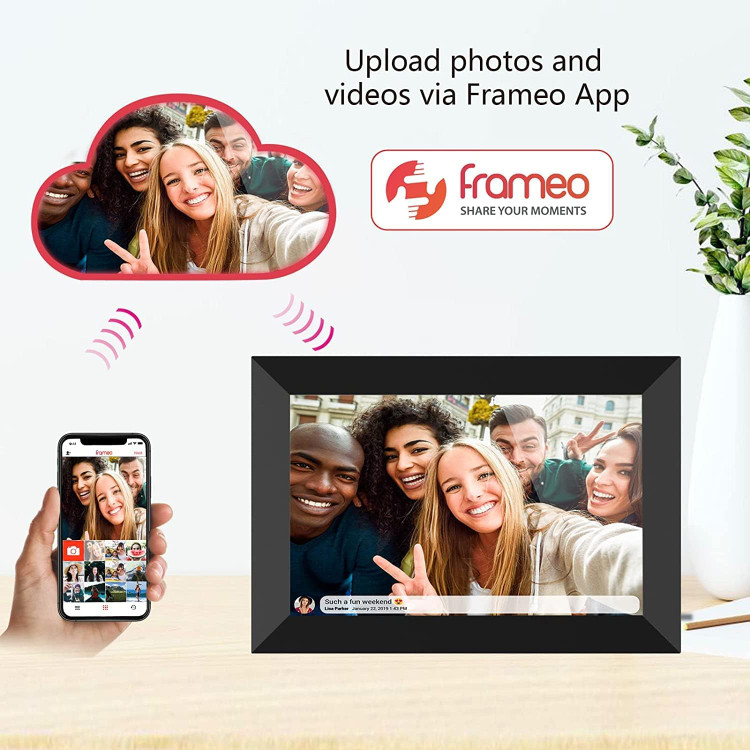 قاب عکس دیجیتال FRAMEO، وایفای ۱۰.۱ اینچ، صفحه نمایش لمسی HD IPS LCD، حافظه ۳۲ گیگابایت، چرخش خودکار، قابل نصب روی دیوار، راهاندازی آسان برای اشتراکگذاری عکسها و ویدیوها از طریق برنامه رایگان از هر کجا -- مدل zn-dp1002 ن1