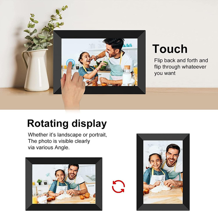 قاب عکس دیجیتال FRAMEO، وایفای ۱۰.۱ اینچ، صفحه نمایش لمسی HD IPS LCD، حافظه ۳۲ گیگابایت، چرخش خودکار، قابل نصب روی دیوار، راهاندازی آسان برای اشتراکگذاری عکسها و ویدیوها از طریق برنامه رایگان از هر کجا -- مدل zn-dp1002 ن1