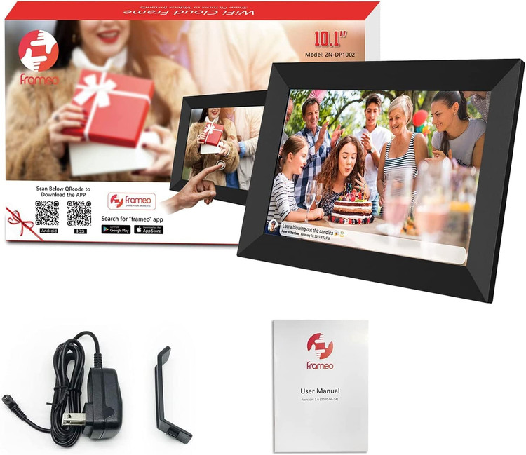 قاب عکس دیجیتال FRAMEO، وایفای ۱۰.۱ اینچ، صفحه نمایش لمسی HD IPS LCD، حافظه ۳۲ گیگابایت، چرخش خودکار، قابل نصب روی دیوار، راهاندازی آسان برای اشتراکگذاری عکسها و ویدیوها از طریق برنامه رایگان از هر کجا -- مدل zn-dp1002 ن1