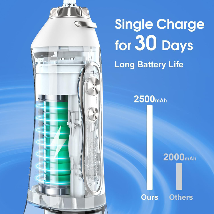 واترجت H2ofloss مدل HF-6- قابل حمل با 5 حالت شستشو، قابل شارژ، ضد آب، دارای گواهینامه IPX7، مناسب برای ارتودنسی، قابل حمل، بدون سیم، مناسب برای مسافرت در منزل - مخزن آب 300 میلی لیتری (سفید) م0