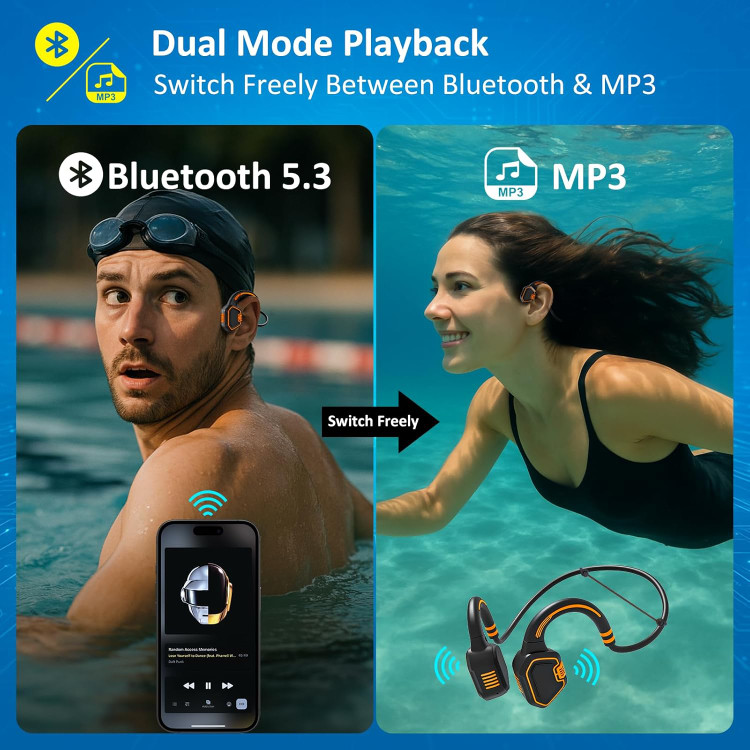 هدفون شنا با هدایت استخوانی - ضد آب IP68، بلوتوث 5.3، دارای پخش کننده MP3 با ظرفیت 32 گیگابایت، هدست شنا زیر آب برای تمرین در استخر، نارنجی ن0