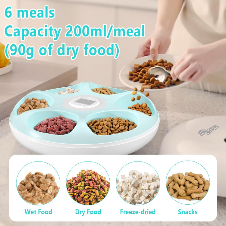ظرف غذای اتوماتیک گربه Ownpets با ظرفیت ۶ وعده غذایی برای غذای خشک و تر، دارای ۲ باکس یخ، غذادهنده زماندار قابل برنامهریزی، غذادهنده اتوماتیک باتریدار بیسیم و قابل شارژ برای گربهها/سگهای کوچک ن0