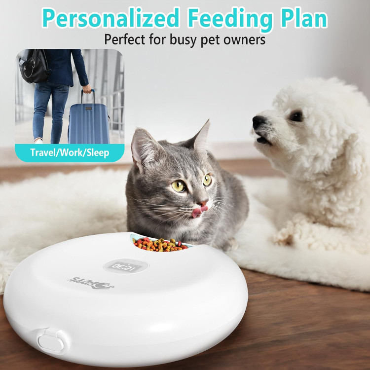 ظرف غذای اتوماتیک گربه Ownpets با ظرفیت ۶ وعده غذایی برای غذای خشک و تر، دارای ۲ باکس یخ، غذادهنده زماندار قابل برنامهریزی، غذادهنده اتوماتیک باتریدار بیسیم و قابل شارژ برای گربهها/سگهای کوچک ن0