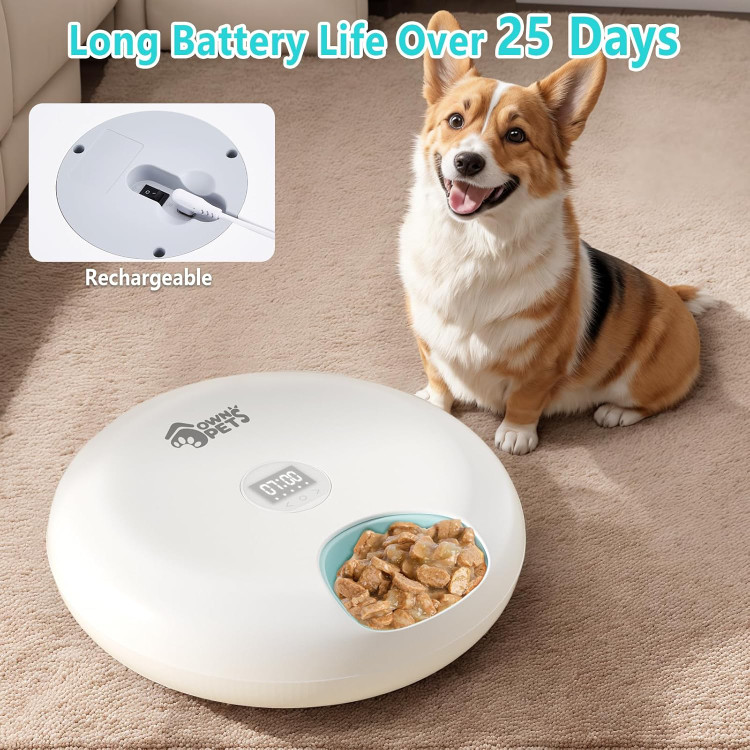 ظرف غذای اتوماتیک گربه Ownpets با ظرفیت ۶ وعده غذایی برای غذای خشک و تر، دارای ۲ باکس یخ، غذادهنده زماندار قابل برنامهریزی، غذادهنده اتوماتیک باتریدار بیسیم و قابل شارژ برای گربهها/سگهای کوچک ن0