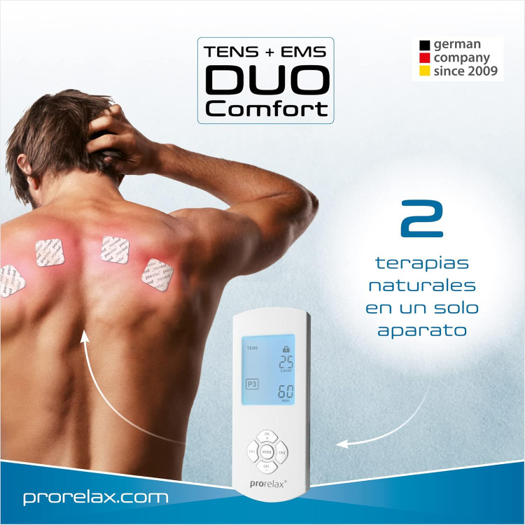 تنس عضلانی -- TENS/EMS Duo Comfort | دستگاه تحریک الکتریکی | ۲ روش درمانی با یک دستگاه | درمان طبیعی علیه درد مزمن و عضله سازی اورجینال-- prorelax ن1