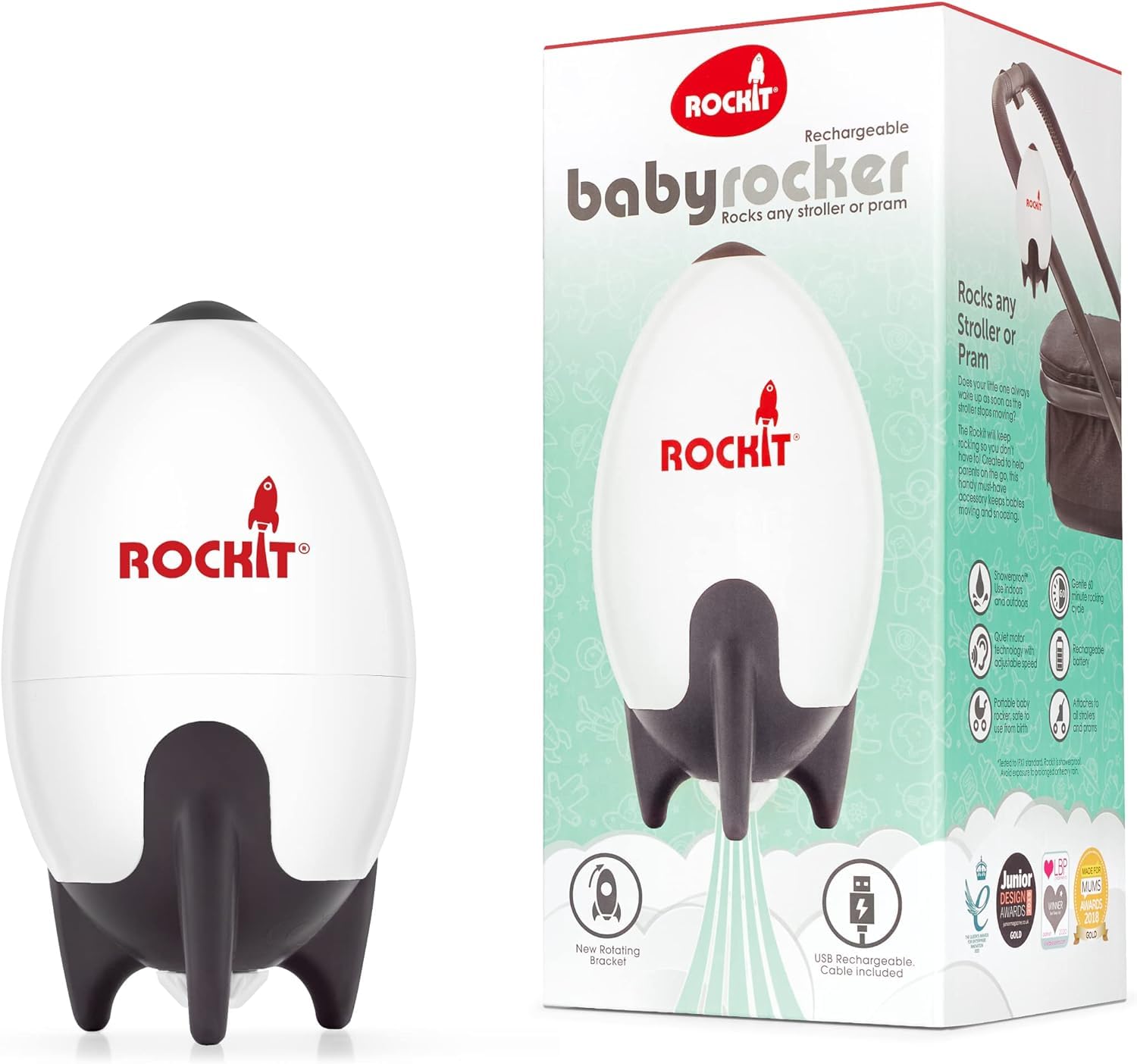 راکر کودک Rockit قابل شارژ با USB - راکر قابل حمل بدون نیاز به هندزفری، کمک خواب، کالسکه را به آرامی تکان می‌دهد - سرعت قابل تنظیم، تایمر ۶۰ دقیقه‌ای - مناسب برای کالسکه ، ایجاد حالت جهنده خودکار ن1