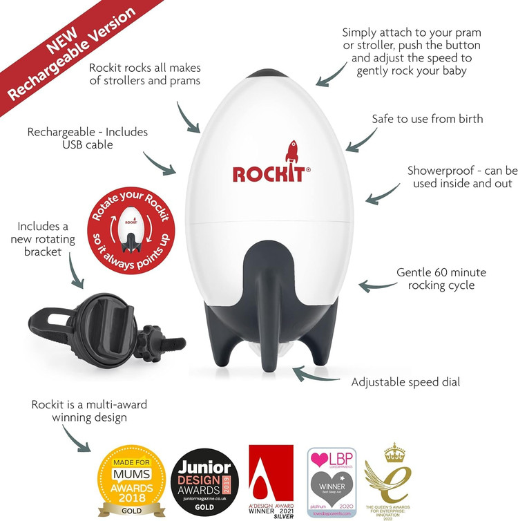 راکر کودک Rockit قابل شارژ با USB - راکر قابل حمل بدون نیاز به هندزفری، کمک خواب، کالسکه را به آرامی تکان میدهد - سرعت قابل تنظیم، تایمر ۶۰ دقیقهای - مناسب برای کالسکه ، ایجاد حالت جهنده خودکار ن1