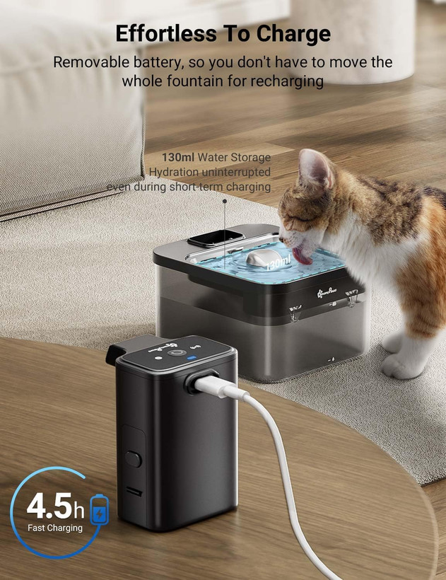 آبخوری گربه بیسیم DownyPaws، آبخوری ۲.۵ لیتری برای گربهها با حسگر حرکت، آبخوری گربه باتریدار، 3000 میلیآمپر ساعت، پمپ آب بیصدا و سینی استیل ضد زنگ برای گربهها، مشکی