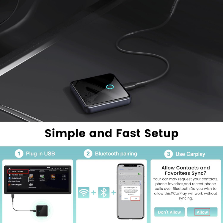 آداپتور بیسیم CarPlay، کارپلی YNAK برای آیفون و اندروید، آداپتور Apple CarPlay، آداپتور بیسیم Apple carplay برای iOS 10+ و Andriod 11+، به همراه دو کابل USB C به طول ۱۵ سانتیمتر س1