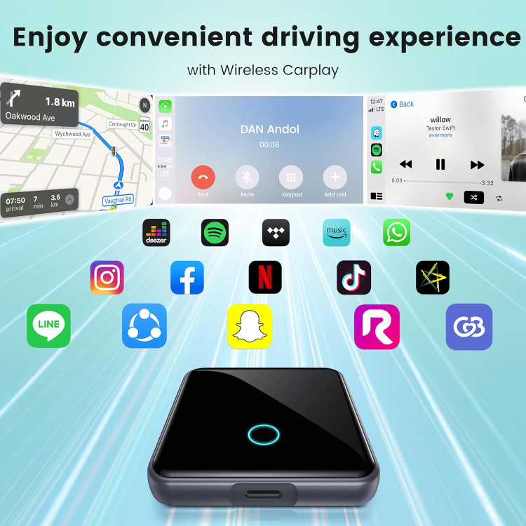 آداپتور بیسیم CarPlay، کارپلی YNAK برای آیفون و اندروید، آداپتور Apple CarPlay، آداپتور بیسیم Apple carplay برای iOS 10+ و Andriod 11+، به همراه دو کابل USB C به طول ۱۵ سانتیمتر س1
