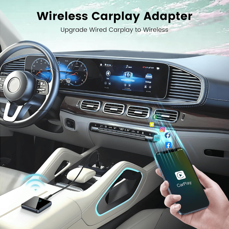 آداپتور بیسیم CarPlay، کارپلی YNAK برای آیفون و اندروید، آداپتور Apple CarPlay، آداپتور بیسیم Apple carplay برای iOS 10+ و Andriod 11+، به همراه دو کابل USB C به طول ۱۵ سانتیمتر س1