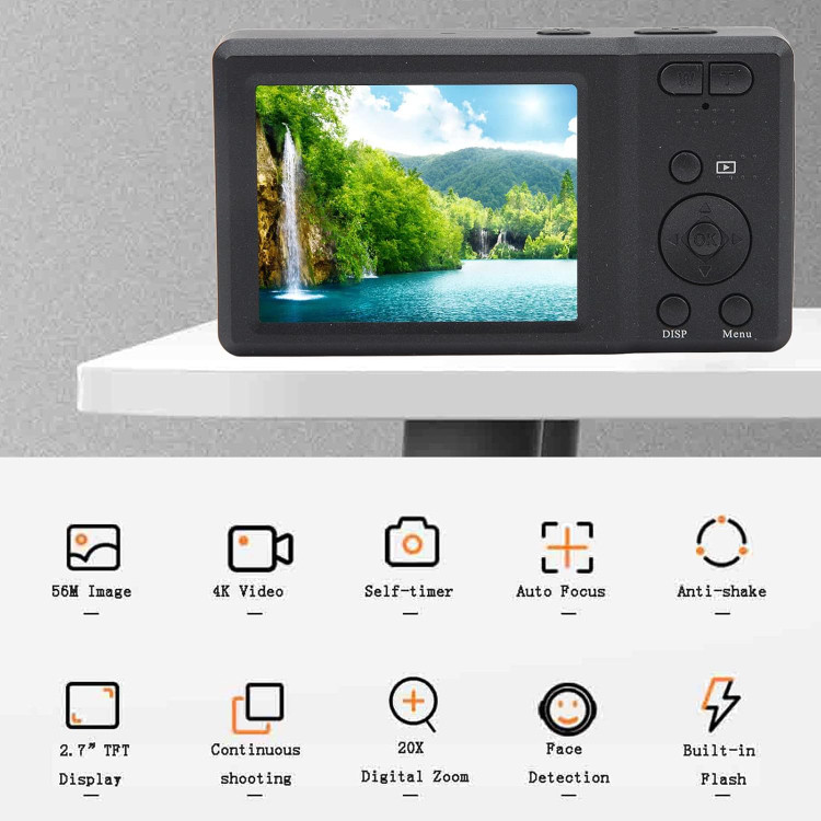 دوربین دیجیتال 4K، دوربین 56 مگاپیکسلی با زوم دیجیتال 20 برابر، دوربین مسافرتی 2.7 اینچی، فلش داخلی، پشتیبانی از کارت حافظه تا 128 گیگابایت، انتخاب خوب برای مبتدیان (مشکی) س1